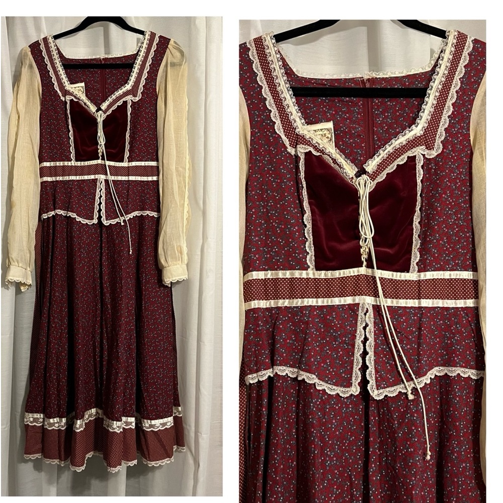 Gunne Sax 1970’s Vintage Prairie Dress 11 Corset Contrasting Fabric Lace Details